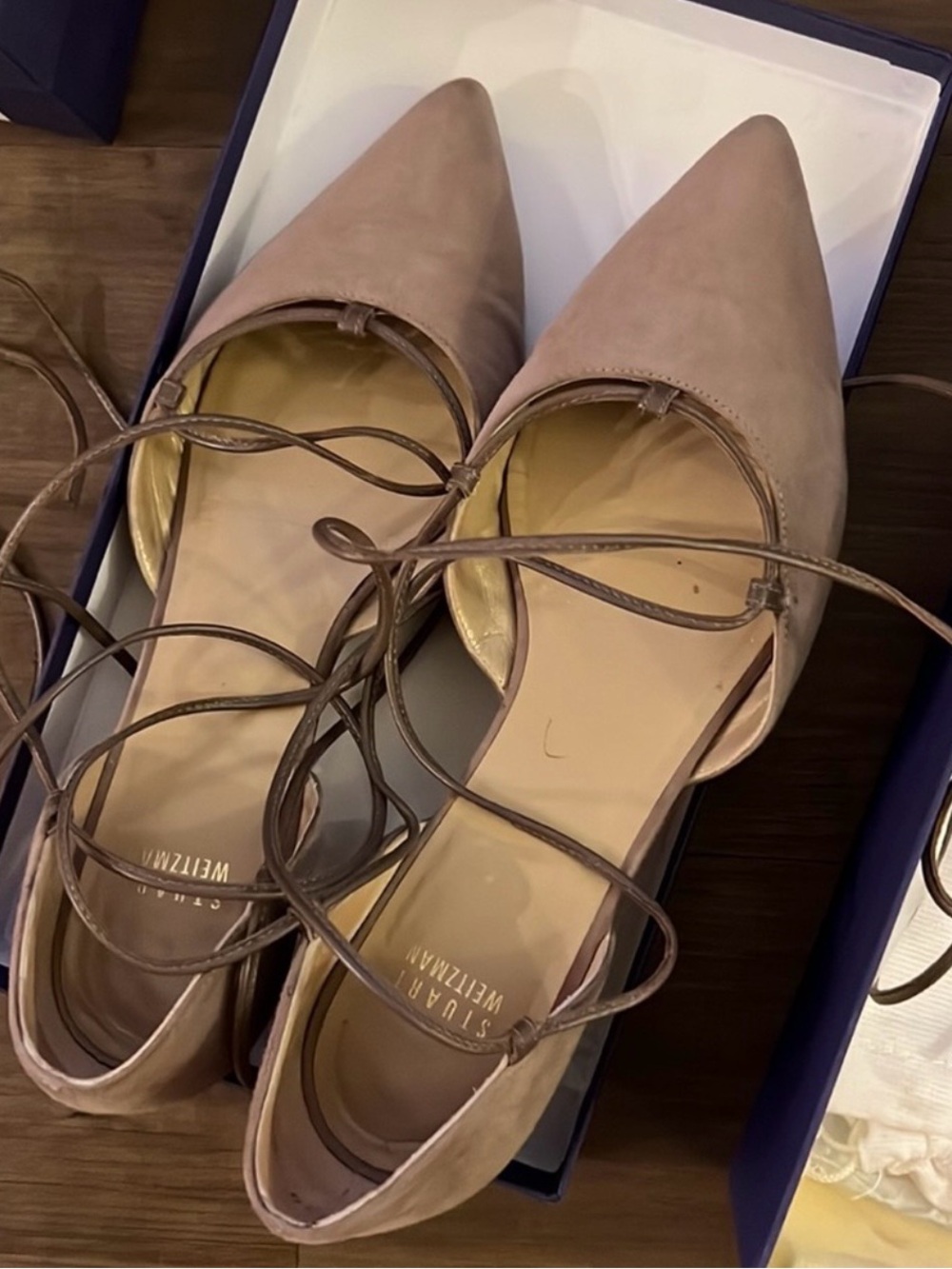 Stuart Weitzman Taupe Suede Lace-Up Flats